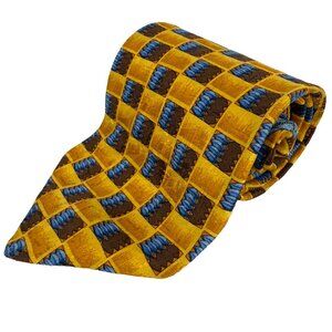 Ermenegildo Zegna Plaid Geometric Design Yellow Blue & Brown Silk Tie L 58" W 4"